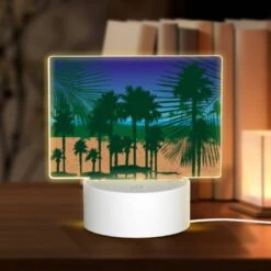 Rectangular Acrylic Night Light, A Beach Scene With Palm Trees And A Boat.