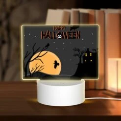 Rectangular Acrylic Night Light, A Black And White Image Of A Halloween Scene With A Moon