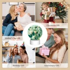 Round Acrylic Night Light, A Collection Of Flowers And Leaves On A Green Background. -Cute Night Light Shop cde29ebd2ee5fedbcab8b956c1a0993ddd5f787c