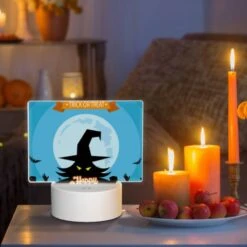 Rectangular Acrylic Night Light, A Witch's Hat Is Shown On A Poster With The Words "Happy Halloween" Written Below It. -Cute Night Light Shop cf97c18bb129bf450b8da6eeddca0f3f27e7a9b0