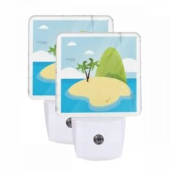 Night Light Set Of 2, A Cartoon Island With A Palm Tree And A Mountain In The Background.