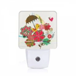 Night Light, A Colorful Umbrella Is Surrounded By Various Flowers And Birds.