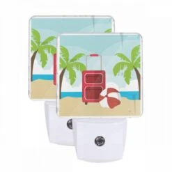 Night Light Set Of 2, A Red Suitcase Is Sitting On A Beach Next To A Red And White Umbrella.