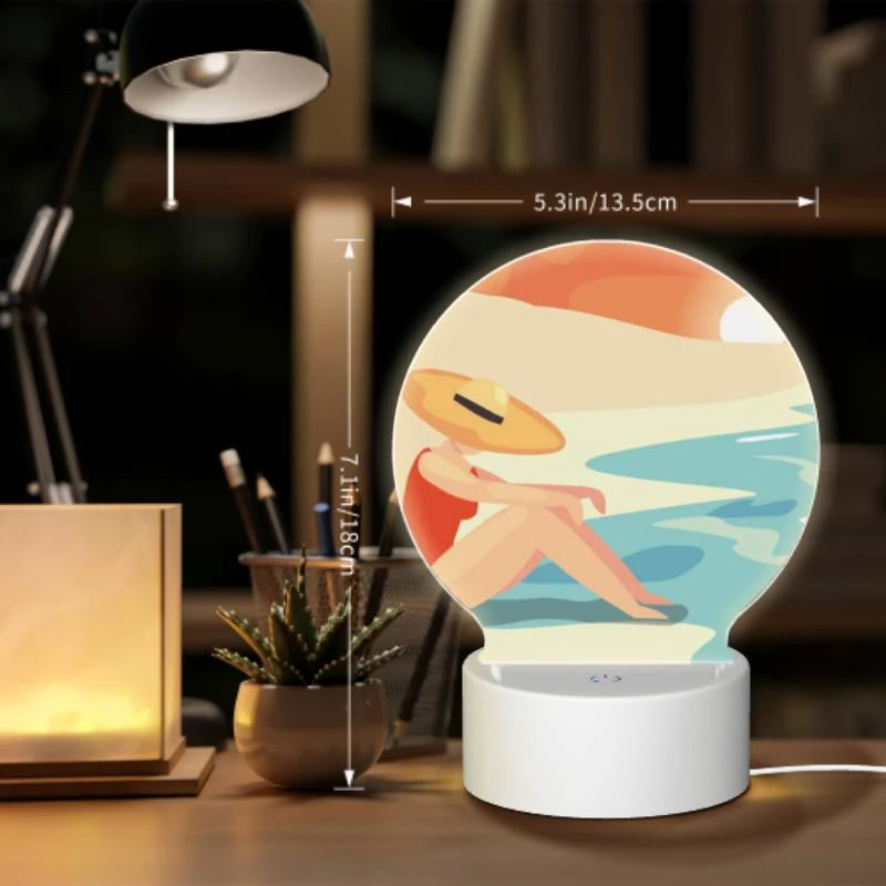 Round Acrylic Night Light, A woman wearing a hat sits on the beach. Round Acrylic Night Light, A Woman Wearing A Hat Sits On The Beach. -Cute Night Light Shop d4420bc15b282f95c63cb4da346638e14d137231