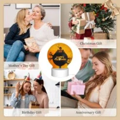 Round Acrylic Night Light, A Round Sign With A House And Bats On It That Says "Happy Halloween.". -Cute Night Light Shop d593cd952ae4fe9301143780a03cc44f0141ba93