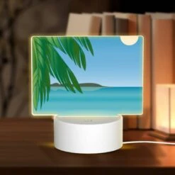Rectangular Acrylic Night Light, A Beautiful Beach Scene With A Palm Tree And A Moon In The Sky.