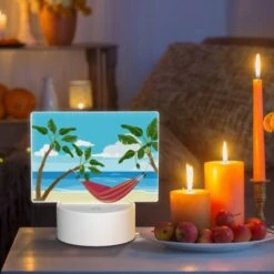 Rectangular Acrylic Night Light, A Hammock Is Set Up On A Sandy Beach -Cute Night Light Shop d901ea43b16e29dec1a139ae99d8aa447ff868e8