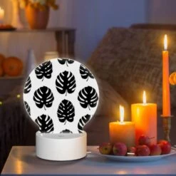 Round Acrylic Night Light, A Pattern Of Leaves On A Black And White Background. -Cute Night Light Shop dadb03a6379e7dc671d49418d5504b9b20bea711