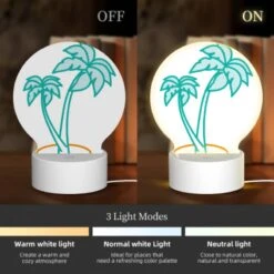 Round Acrylic Night Light, A Green And Blue Palm Tree With A Blue Trunk. -Cute Night Light Shop dcd32d329780ba601b1a3711e782919799597eff
