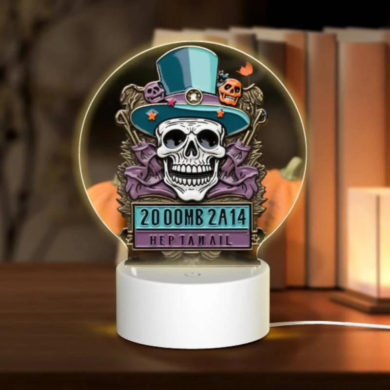 Round Acrylic Night Light, A skeleton wearing a top hat and a purple suit with the words 200MB 2014 on it. Round Acrylic Night Light, A Skeleton Wearing A Top Hat And A Purple Suit With The Words 200MB 2014 On It. -Cute Night Light Shop e1cc0311f109ccaaab227cda781505856ade7e38