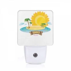 Night Light, A Cartoon Of A Sunny Beach With Palm Trees And A Sun.