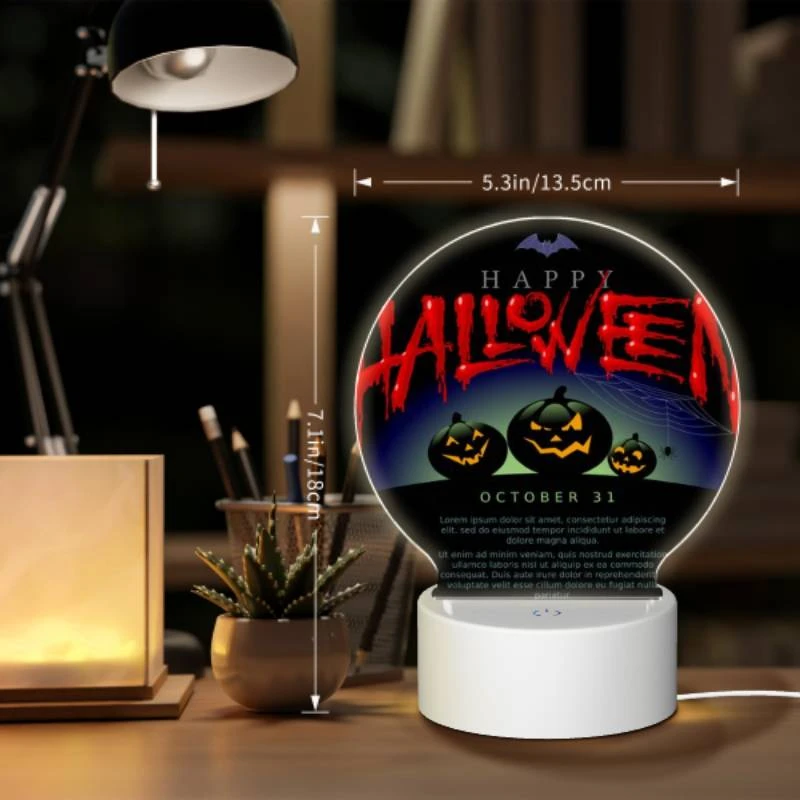 Round Acrylic Night Light, A poster with three pumpkins and the words "Happy Halloween" written on it. Round Acrylic Night Light, A Poster With Three Pumpkins And The Words "Happy Halloween" Written On It. -Cute Night Light Shop e36deffbfce2573048ab812a719f0f533c103b94