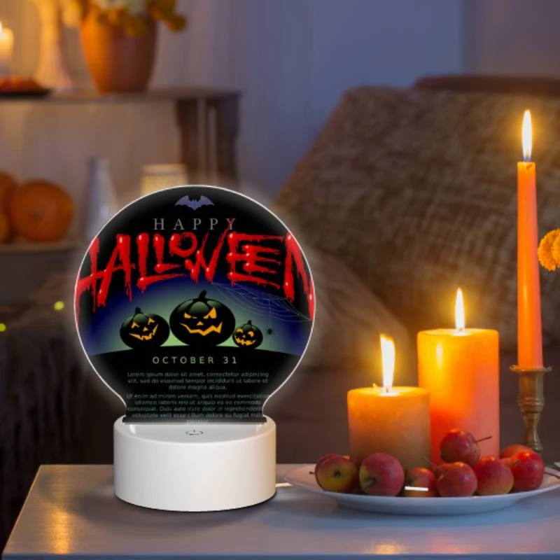 Round Acrylic Night Light, A poster with three pumpkins and the words "Happy Halloween" written on it. Round Acrylic Night Light, A Poster With Three Pumpkins And The Words "Happy Halloween" Written On It. -Cute Night Light Shop e6d387b5231e5b39247dee8c8a9a454ccc525090