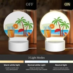 Round Acrylic Night Light, A Glass Of Orange Juice And An Orange Are Placed On A Beach -Cute Night Light Shop e712dc57441640e93744b68b44acd799915e5856