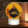 Round Acrylic Night Light, A Round Sign With A House And Bats On It That Says "Happy Halloween.". 1 Round Acrylic Night Light, A Round Sign With A House And Bats On It That Says "Happy Halloween.". -Cute Night Light Shop e746c5204092da85c46171d96ad9d28f4f9e774f