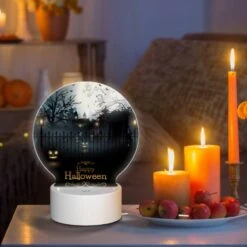 Round Acrylic Night Light, A Fence With A Happy Halloween Sign. -Cute Night Light Shop e76481fbc0e1d9f6fbd930e28e1199976af283ec