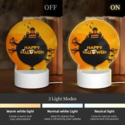 Round Acrylic Night Light, A Round Sign With A House And Bats On It That Says "Happy Halloween.". -Cute Night Light Shop e968dabf399178617d67544a451635f01c8f0b64
