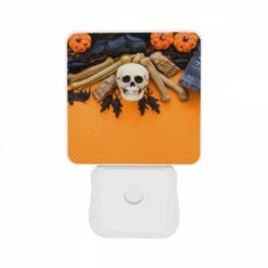 Night Light Set Of 2, A Skeleton And A Skull Are On A Table With A Bat And A Book. -Cute Night Light Shop e975c6a72f88efe11c088a728dbe34f699bffc41