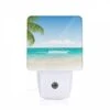 Night Light, A Beautiful Beach Scene With A Blue Ocean And Palm Trees.