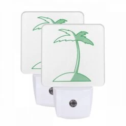 Night Light Set Of 2, A Green Palm Tree On A White Background.