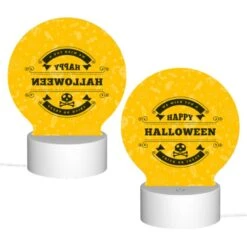 Round Acrylic Night Light, A Yellow Sign That Says "Happy Halloween" With A Skull And Crossbones On It. -Cute Night Light Shop ee34b00b2c8f2b9075b53d3d791bfc850cc46fd9