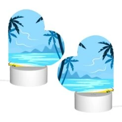 Love Acrylic Night Light, A Blue And Yellow Beach Scene With Palm Trees And A Mountain In The Background. -Cute Night Light Shop eeed0a108d9d44a736490a4405a60ce89115db25