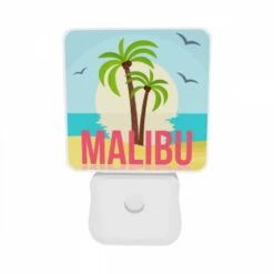 Night Light Set Of 2, A Palm Tree Is In Front Of A Sunset With The Word Malibu Written Below It. -Cute Night Light Shop ef21f177eb21a38d76a04ef1dc9f888b11c58147