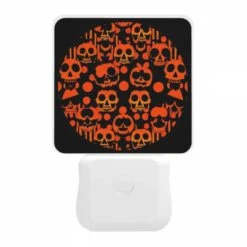 Night Light, A Round Orange And Black Design With Many Skulls And Pumpkins On It. -Cute Night Light Shop ef678b472c98eb4bca94885cfd7ba90a0e4fe7fd