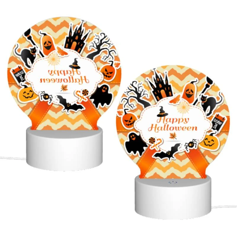Round Acrylic Night Light, A colorful sticker with a witch on it and the words "Happy Halloween" on it. Round Acrylic Night Light, A Colorful Sticker With A Witch On It And The Words "Happy Halloween" On It. -Cute Night Light Shop ef8de8c779e251683d248734b9db661e1ff571d2