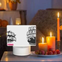 Rectangular Acrylic Night Light, A Black And White Image Of A Beach With The Words "Long Beach" Written On It. -Cute Night Light Shop f1cc690025415a56629903b5de255bd2ae2a1b98
