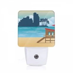 Night Light, A Beach Scene With A Lifeguard Tower And A Palm Tree.