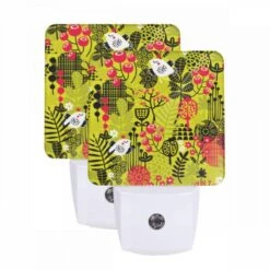 Night Light Set Of 2, A Colorful Floral Pattern With A Bird And A Frog.