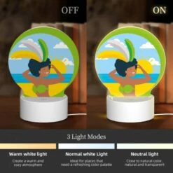 Round Acrylic Night Light, A Woman Wearing A Grass Skirt And A Sun Hat Is Standing On A Beach. -Cute Night Light Shop f534c08924dcf2c4076910b518febfd267b3f638