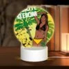 Round Acrylic Night Light, A Woman With A Yellow Bikini Is Standing In Front Of A Tree With Birds Flying Around Her.