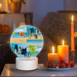 Round Acrylic Night Light, A Cityscape With A Beach And Palm Trees. -Cute Night Light Shop f9f8a2d98002237750aac7d6bc29f2e0f96b71cd