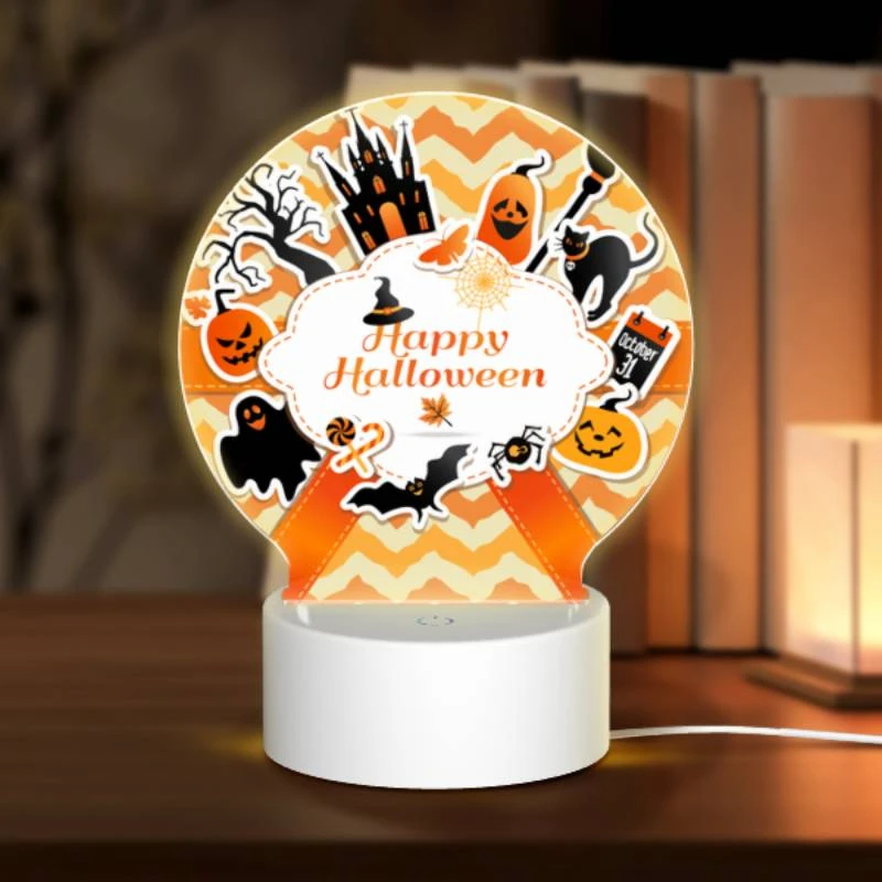 Round Acrylic Night Light, A colorful sticker with a witch on it and the words "Happy Halloween" on it. Round Acrylic Night Light, A Colorful Sticker With A Witch On It And The Words "Happy Halloween" On It. -Cute Night Light Shop f9f964716e6b56562221871519cc588dc21af173