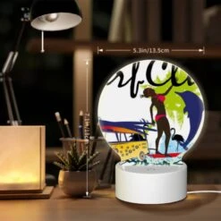 Round Acrylic Night Light, A Woman Is Surfing On A Surfboard In Front Of A Yellow And Blue Van. -Cute Night Light Shop faebaad540afc090152a07eee0395a17dc9458c6