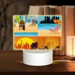 Rectangular Acrylic Night Light, A Colorful Beach Scene With A City Skyline In The Background.