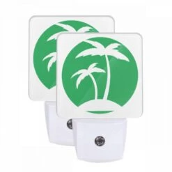 Night Light Set Of 2, A Green Circle With Two Palm Trees In It.