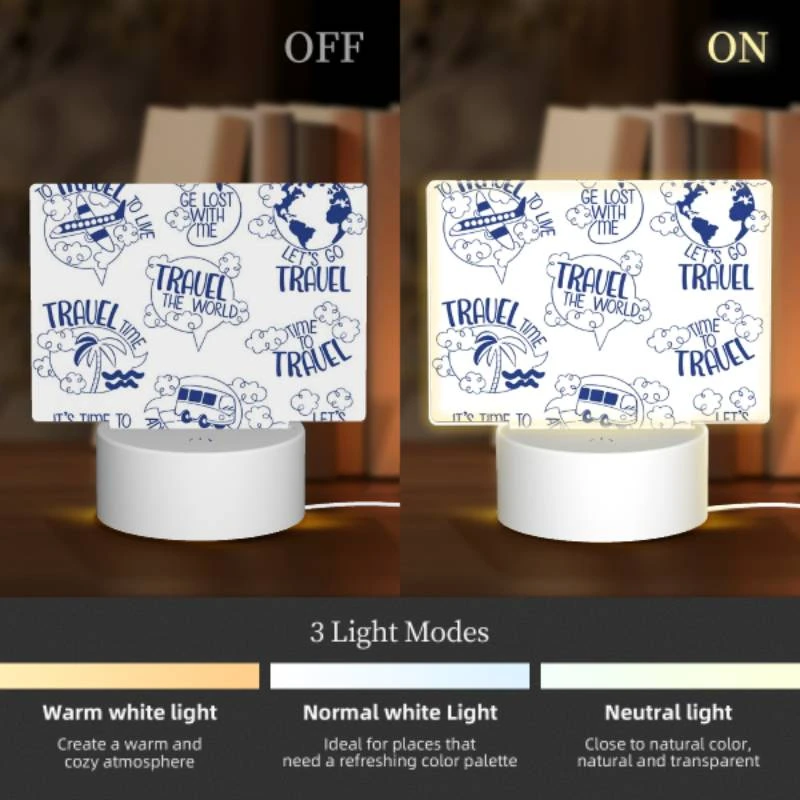 Rectangular Acrylic Night Light, A collection of travel stickers with phrases like "It's time to travel" and "Adventure awaits." Rectangular Acrylic Night Light, A Collection Of Travel Stickers With Phrases Like "It's Time To Travel" And "Adventure Awaits." -Cute Night Light Shop feffdbbc5c180702fa5e0575d31c92e651aeefee