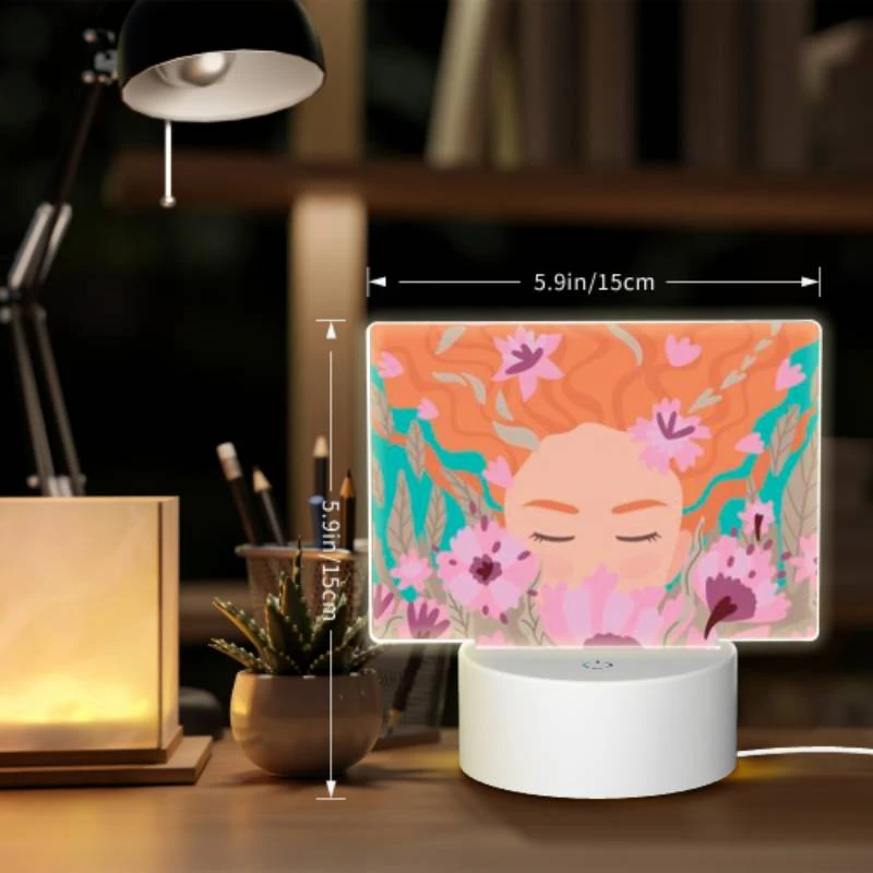 Rectangular Acrylic Night Light, A woman with red hair is surrounded by flowers. Rectangular Acrylic Night Light, A Woman With Red Hair Is Surrounded By Flowers. -Cute Night Light Shop ff376aa21eec539a4a4e3b60b1fbb162c90cc146